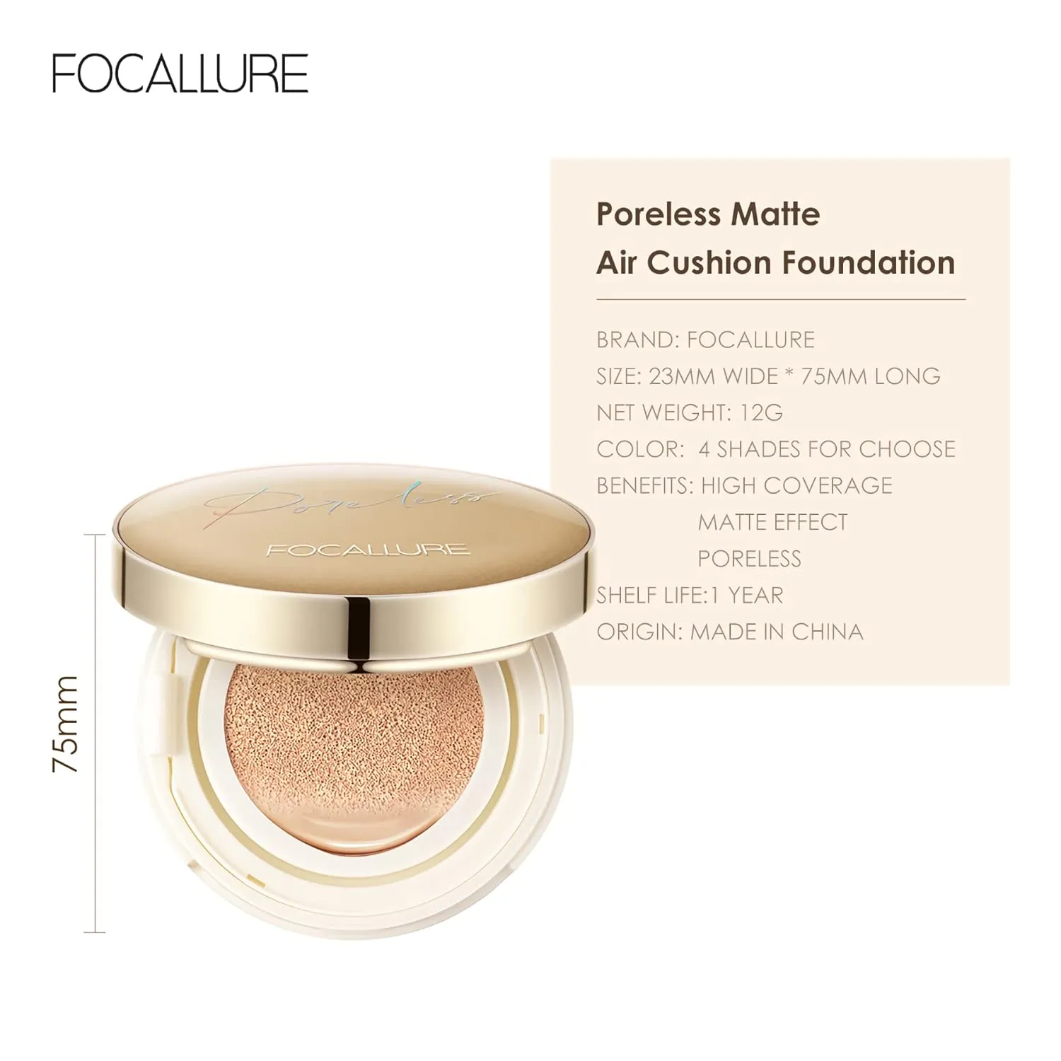 FOCALLURE Poreless BB Cushion Foundation – Full Coverage & Matte Finish